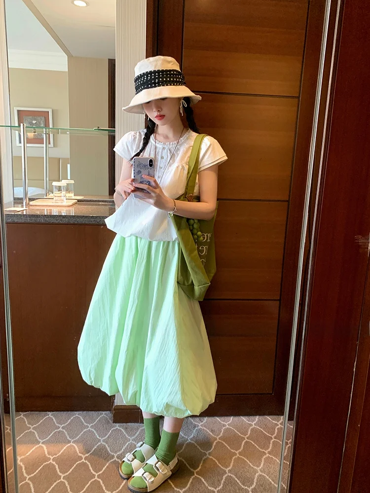

Fufufun Original Lemon Soda Japanese Style Oxygen Green Skirt Half-length Spring Summer Cotton High-waist A-line Skirt