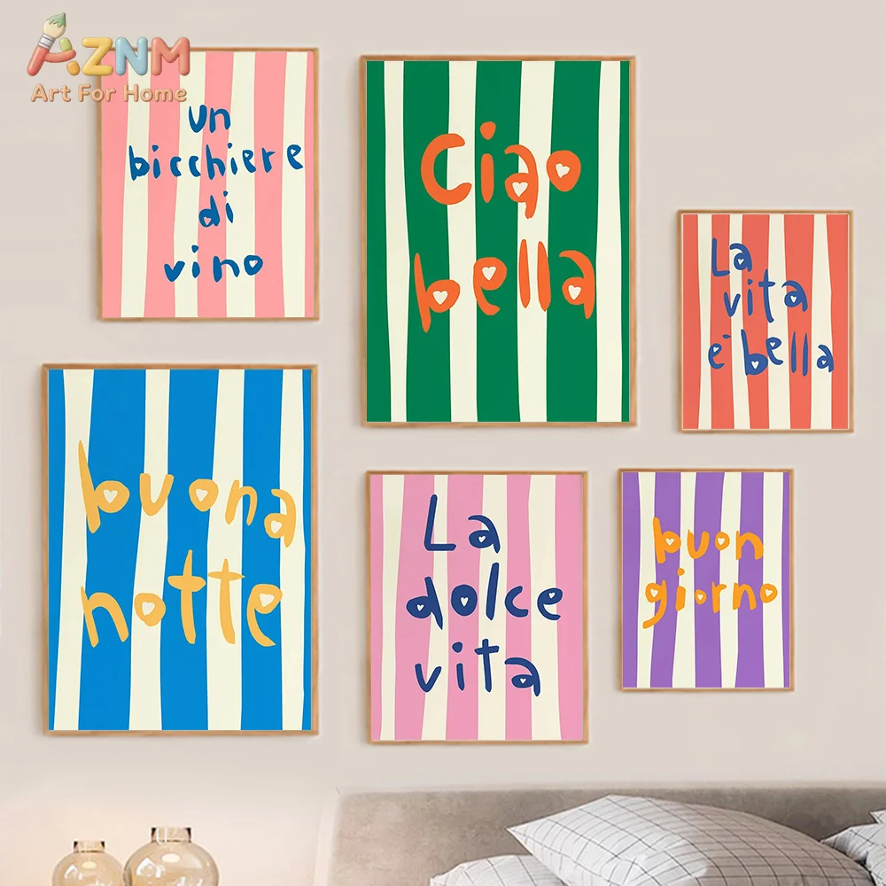 AZNM Colorful Stripe Canvas Wall Art Italian Sweet Life Quote Handwriting Print Unframed Canvas Cute Trendy Bedroom Apartment De