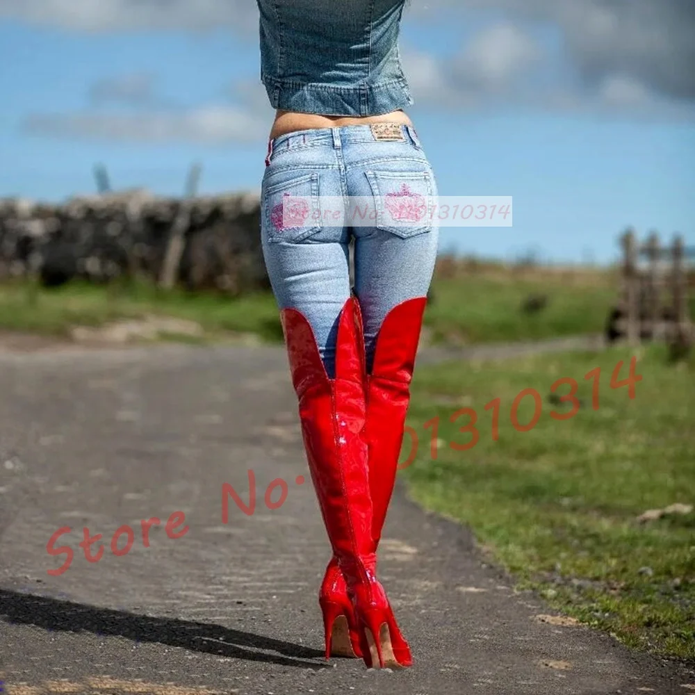 Red Back Cutout Long Boots Women Slouchy Sexy Pointy High Heels Over Knee Shoes Patent Leather Splicing Outfit Stylish Boots