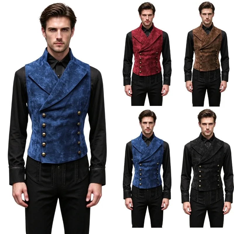 Men Waistcoat Vest Double Breasted Sleeveless Lapel Solid Color Metal Buttons British Style Gentleman Party Stage Show Prom Club
