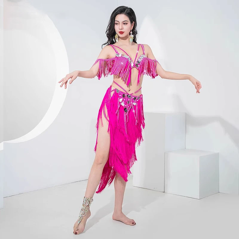 Conjunto de 2 piezas para mujer: Sujetador con cuentas y flecos y falda de cadera para Danza del Vientre, Danza Oriental, Danza de Solista con Percusión y Traje de Apertura de Competición