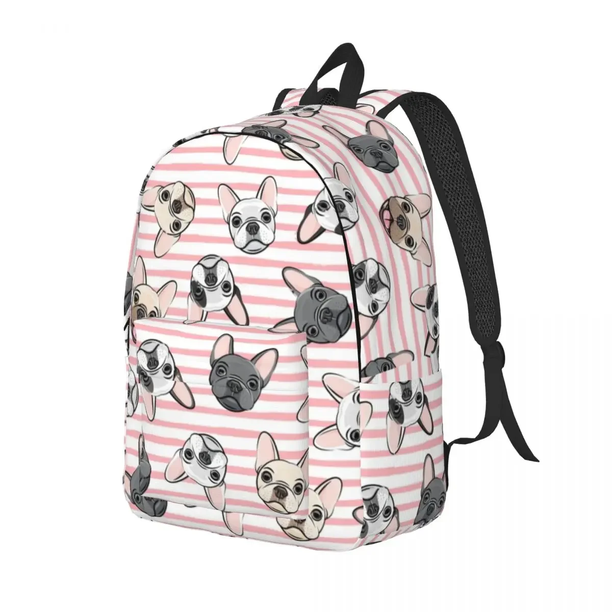 Bolsa escolar para homens e mulheres, todo o buldogue francês, cachorro fofo, mochila escolar, faculdade primária, listras rosa