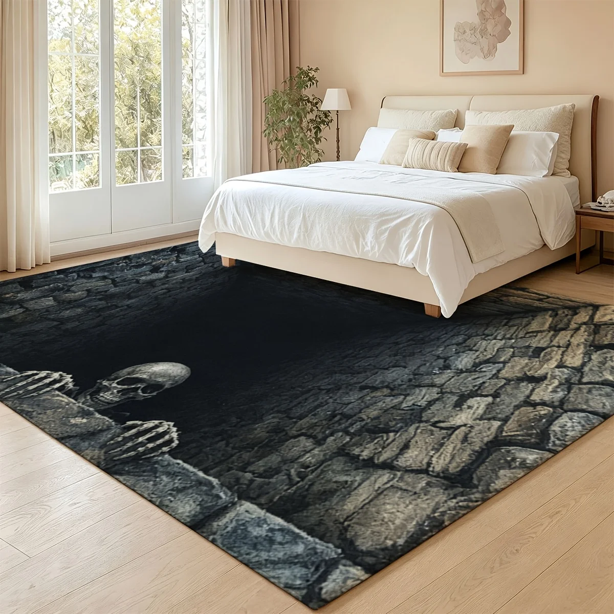 3D Peeking Skeleton Dark Stone Tunnel Horror Decor Area Rug, Non‑Slip Lint‑Free Thick Quick‑Dry Floor Mat for Halloween, Bedroom