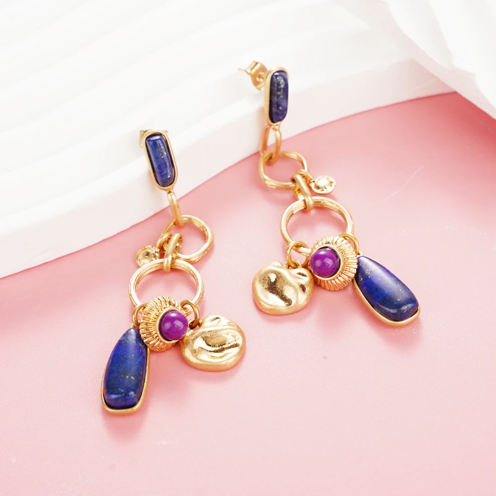 

Blue Boho Dangle Earrings Natural-Element Stone Geometric Statement Cluster Tassel Stud Earrings Women Gift