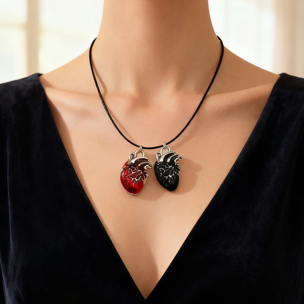 جديد القوطية نمط الأحمر والأسود القلب قلادة مزدوجة المعلقات الطبية أمراض القلب مجوهرات سلسلة عنق للنساء الرجال هدايا فاسق #6
