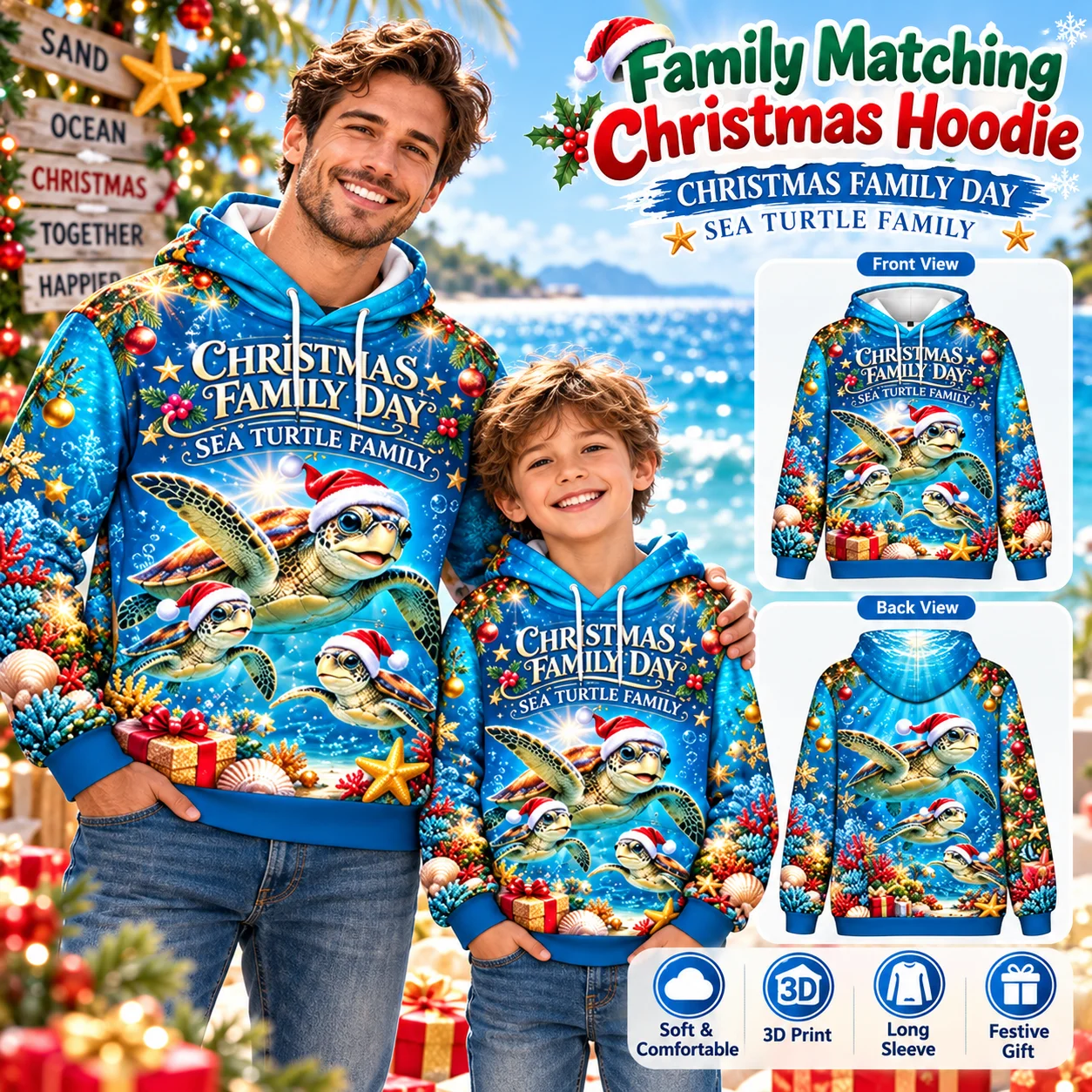 Santa Claus Sea Turtle Sweatshirt Men Kids 3D Print Funny Christmas Sweatshirt Casual Pullover Winter Holiday Party Gift Women