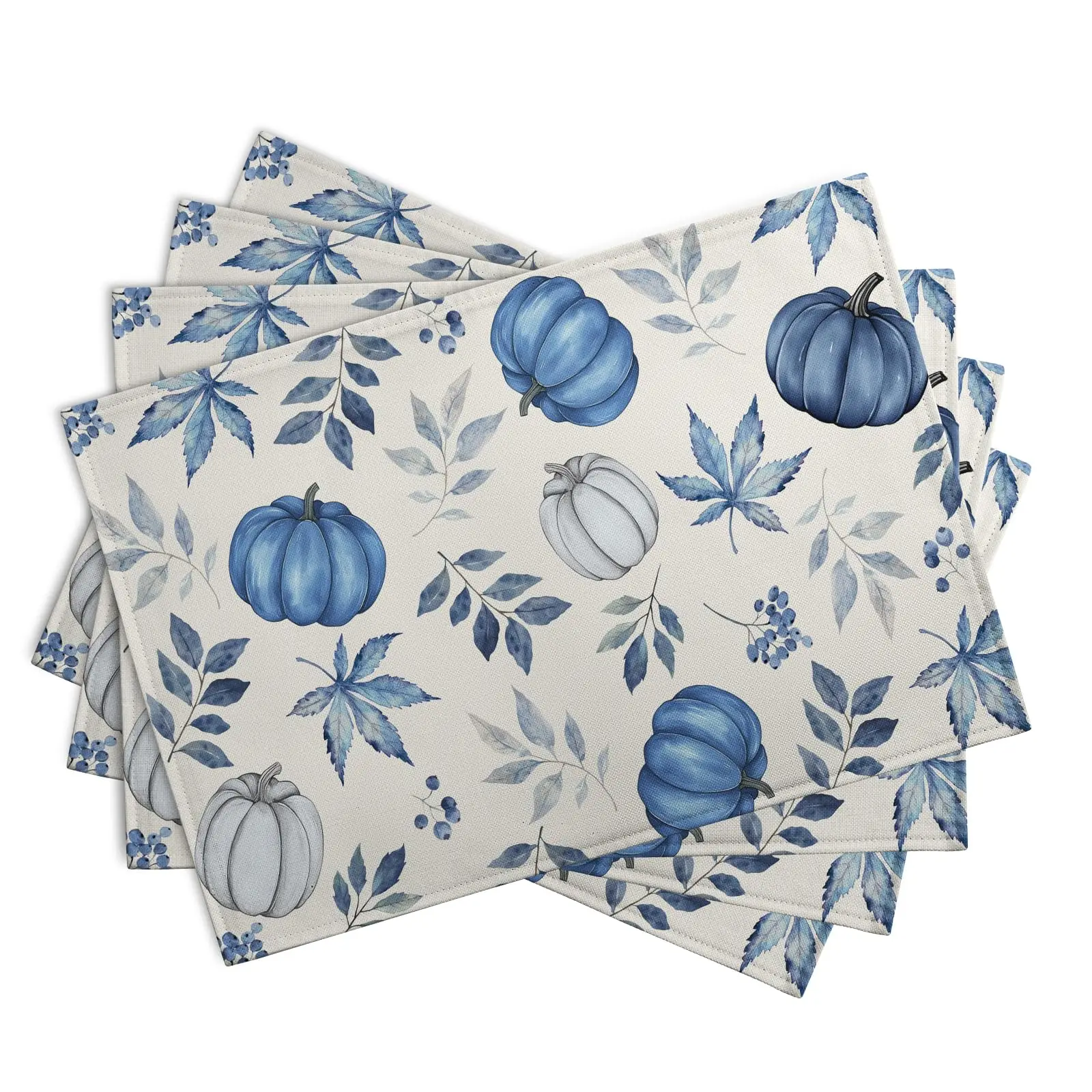 1PCS Blue Pumpkin Maple Leaves Printed Linen Placemat Table Mat Washable Place Mats for Dining Kitchen Farm House Decor