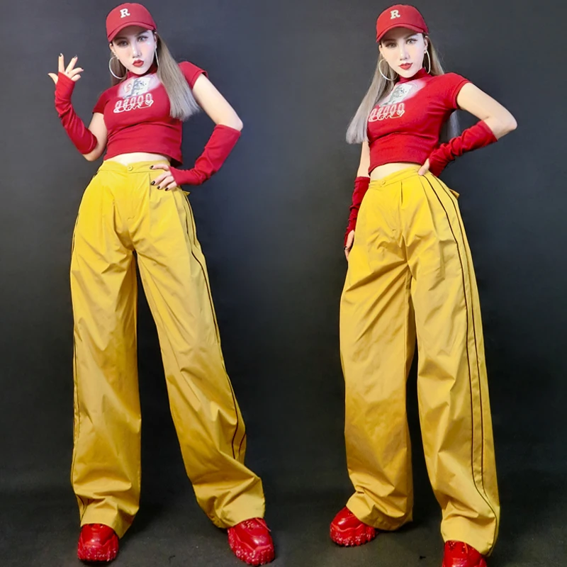 

Adults Jazz Dance Costumes Women Hip Hop Clothing Red Top Jogger Pants Ladies Stage Performance Outfit Rave Clothes SL9139