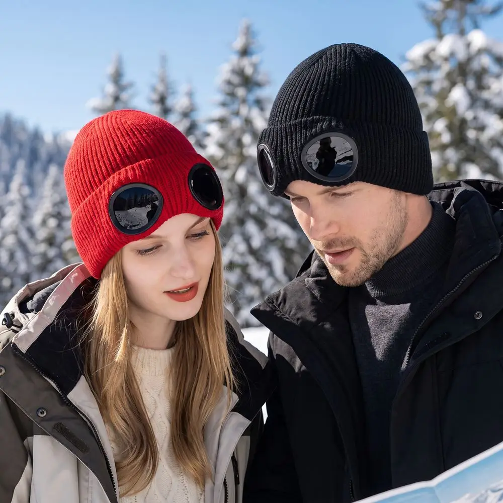 Cute Removable Glasses Winter Glasses Caps Windproof Ear Protection Warm Ski Mask Hats Thickened Wear-resistant Knitted Hat Men