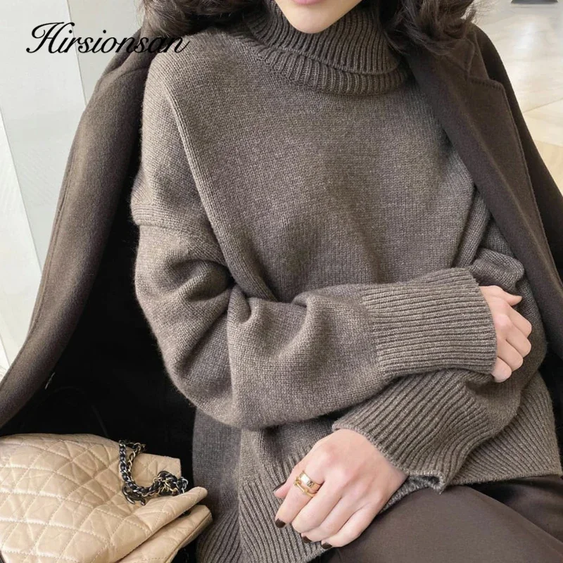 Hirsionsan Turtle Neck Cashmere Sweater Women Korean Style Elegant Thick Warm Female Knitted Pullovers Loose Casual Outwear 2023