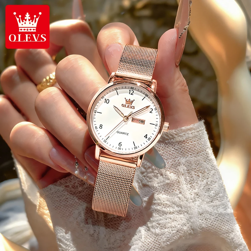 OLEVS Women Elegant Watches Original Slim Quartz Watch Waterproof Week Date Watches For Woman Gift Box Set Bracelet Watch 2996