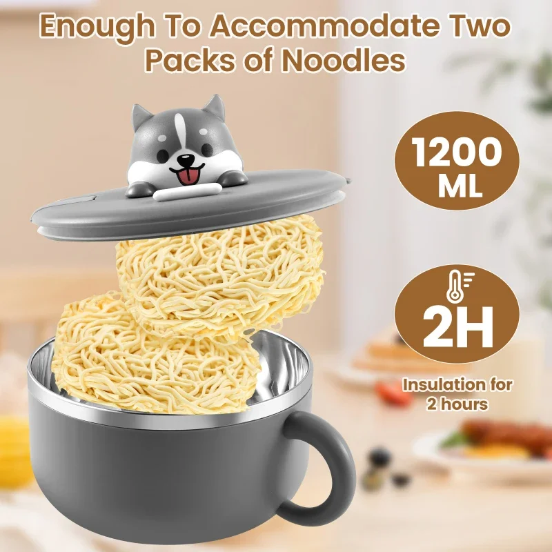 1200ml Stainless Steel Ramen Bowl with Lid Instant Noodle Cooker Portable Lunch Box for Office School Kitchen Accessories