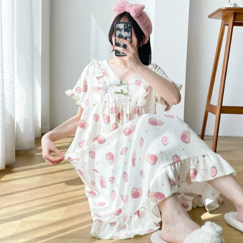 

150KG 4XL Plus Size Loose Nightgown Women Summer Short Sleeves Sleepwear Home Clothes Outer Wear Korean Style Pajamas Nightdress