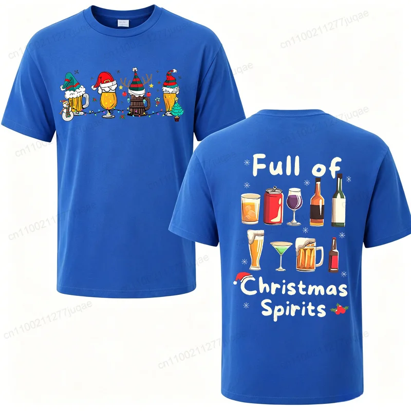 Men Women Funny Full of Christmas Spirits Print T‑Shirt Beer Wine Graphic Tees Xmas Holiday Party Tops Christmas Gift T‑shirt