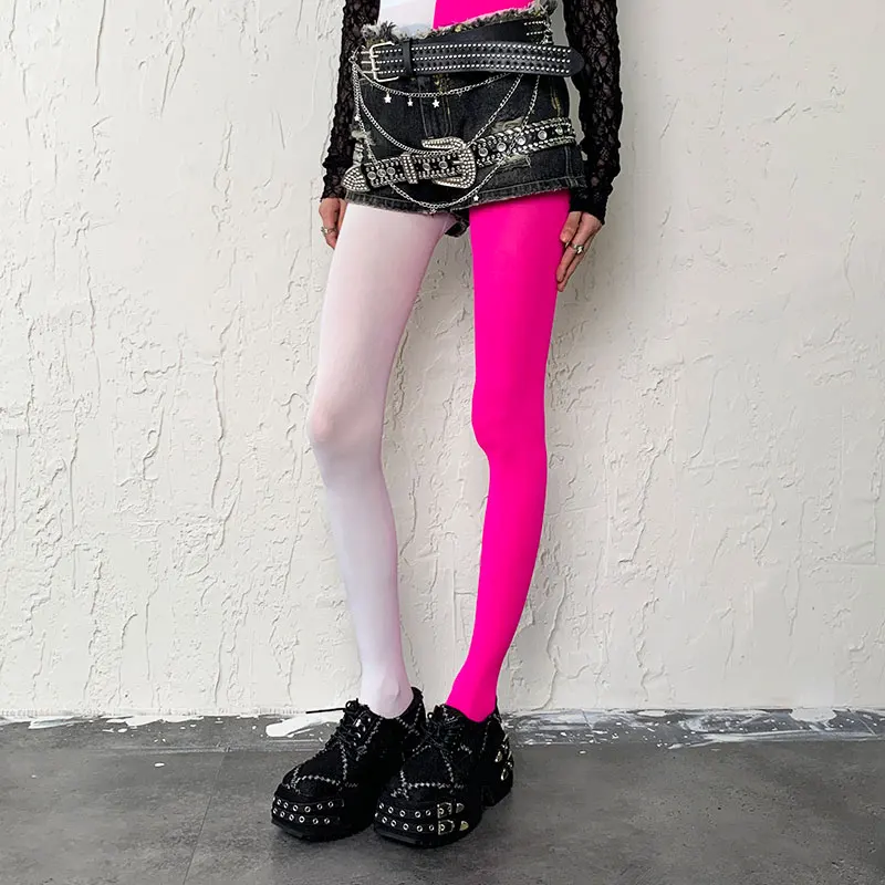 Women's Purple Pink Color Block Tights High Waist Stretch Pantyhose Asymmetric Y2K Punk Stockings for Festival Party Club Outfit