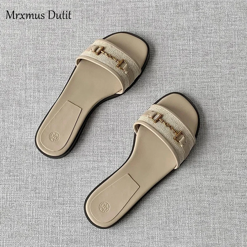 Mrxmus Dutit 2024 New Spring Summer Women Fashion Leather One Word Drag Flat Shoes Casual Versatile Sandals Slippers Female Chic