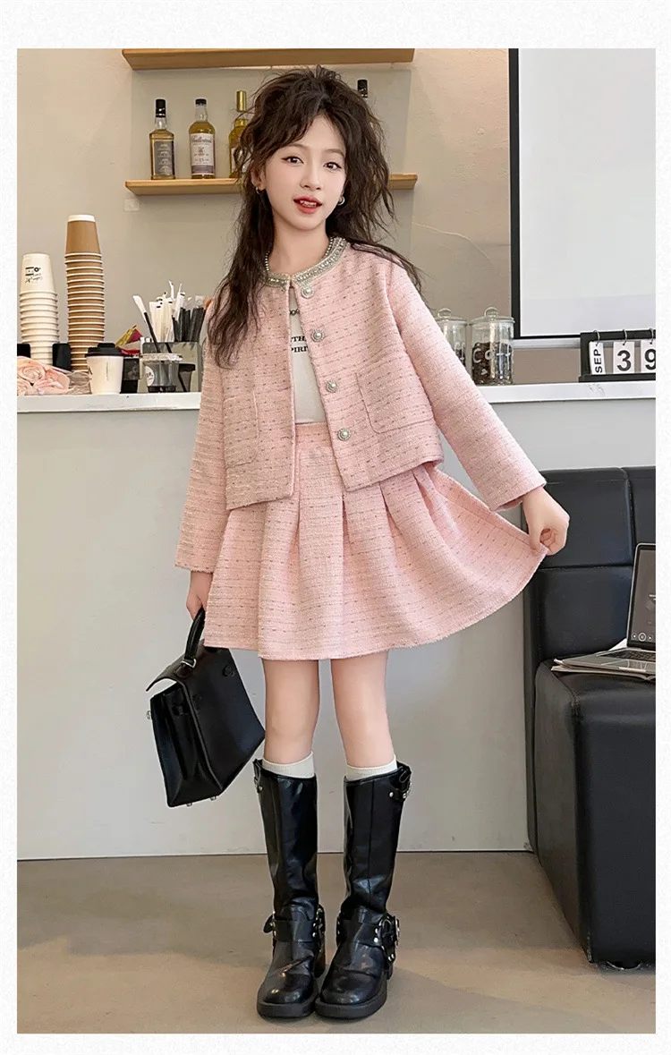 

Girls Set Skirt 2024 New Autumn and Winter Dress Girls Fashion Fashion Coat Skirt Two-piece Set Korean Sweet Style Suits