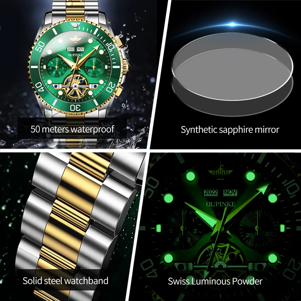 OUPINKE 3229 Men Watch Luxury Brand Automatic Mechanical Watch Diving Hollow out Flywheel Watch Calendar Week Men Sports Watch