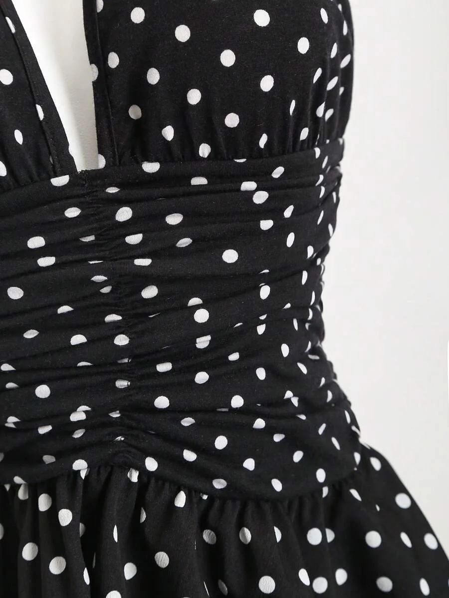 여름 신상 미국 스트리트 핫걸 클래식 프린팅 디자인 홀터 슬리브리스 숏 얇은 허리 케이크 스커트 여성용 INS 스타일