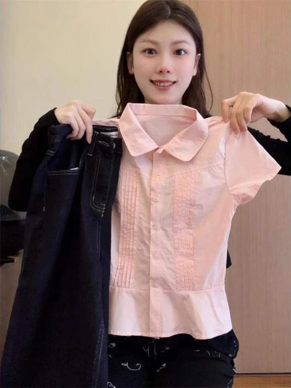 

Sweet Pink Ruffle Sleeve Short Shirt Women's Summer 2026 New Pleated Waist Slimming Short Length Blouse Japanese Style Loose Fit