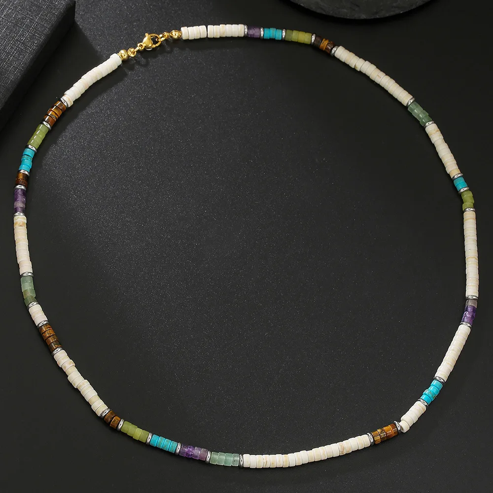 Vintage Herren Halskette mit Natursteinperlen, Bohemian Edelstahl-Holzscheiben-Halskette, Modeschmuck-Accessoires – Detail 5