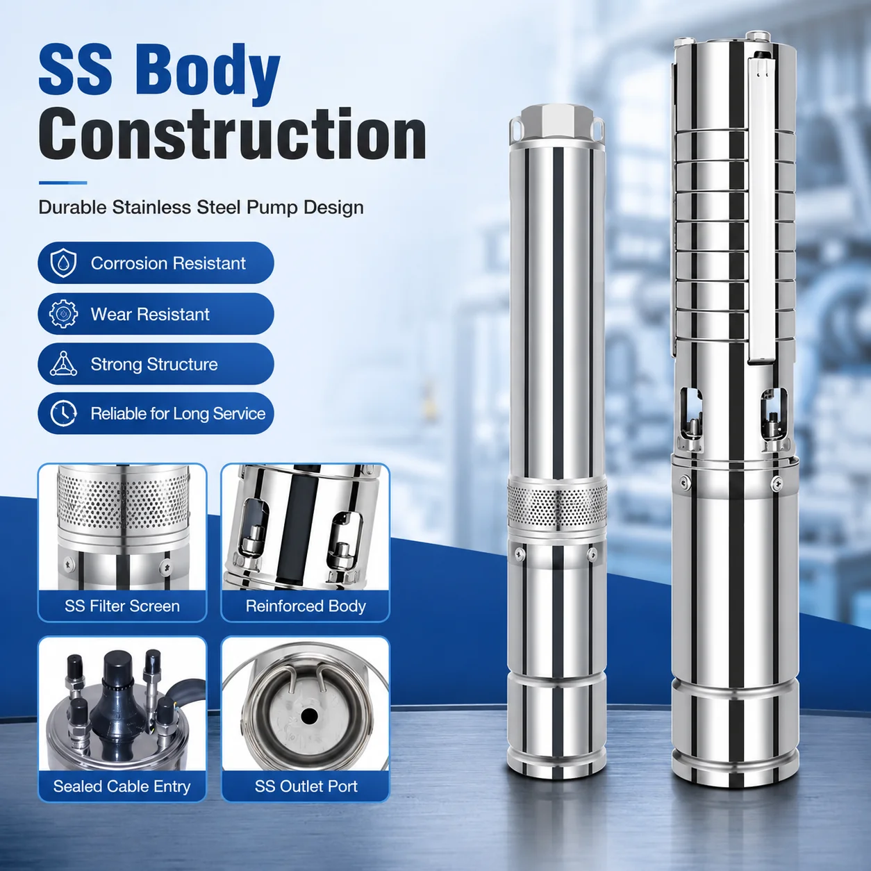 OEM Service Provided AC/DC Hybrid Solar Submersible Deep Well Pump Stainless Steel Borehole Pump for Off-grid Rural Water Supply