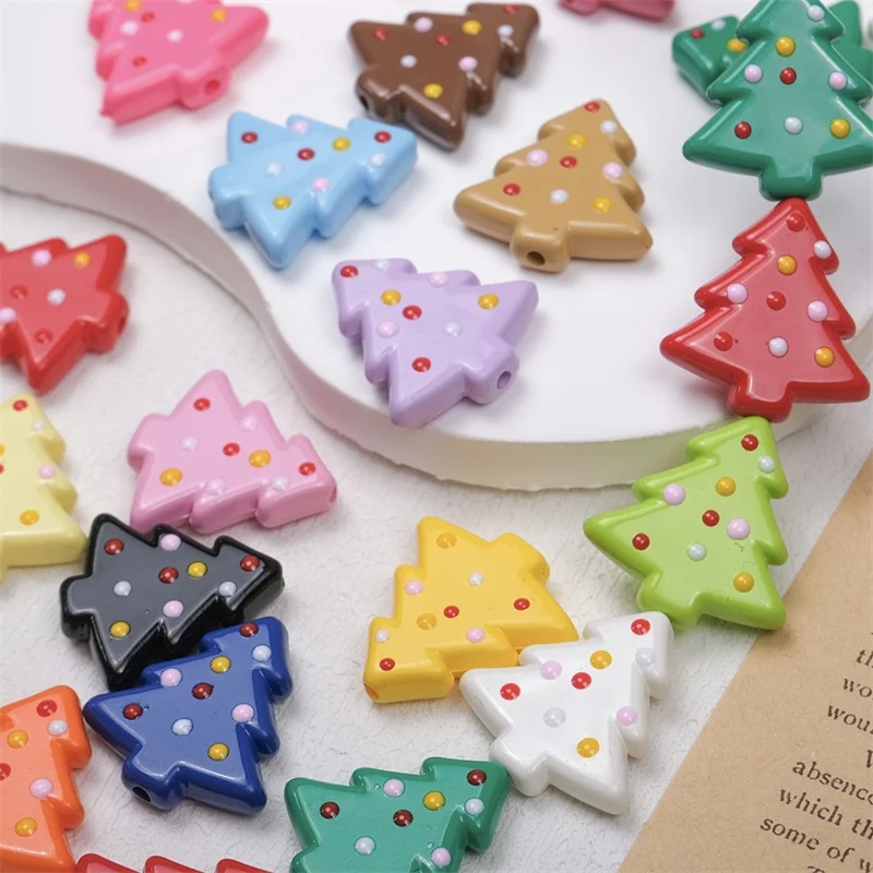 New arrived 50pcs/lot color drop oil dots pattern print cartoon Christmas tree shape acrylic beads diy jewelry garment accessory