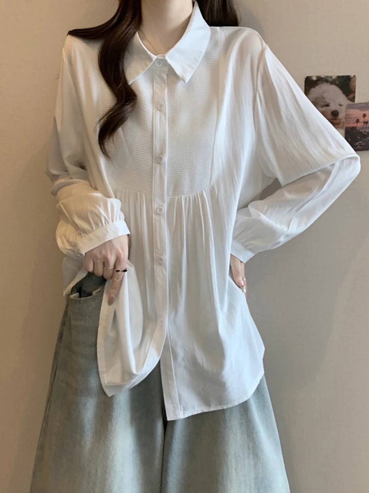 

Белая рубашка с отложным воротником для женщин, свободного кроя, повседневная, средней длины, весенняя, модная, больших размеров, молодежный стиль
