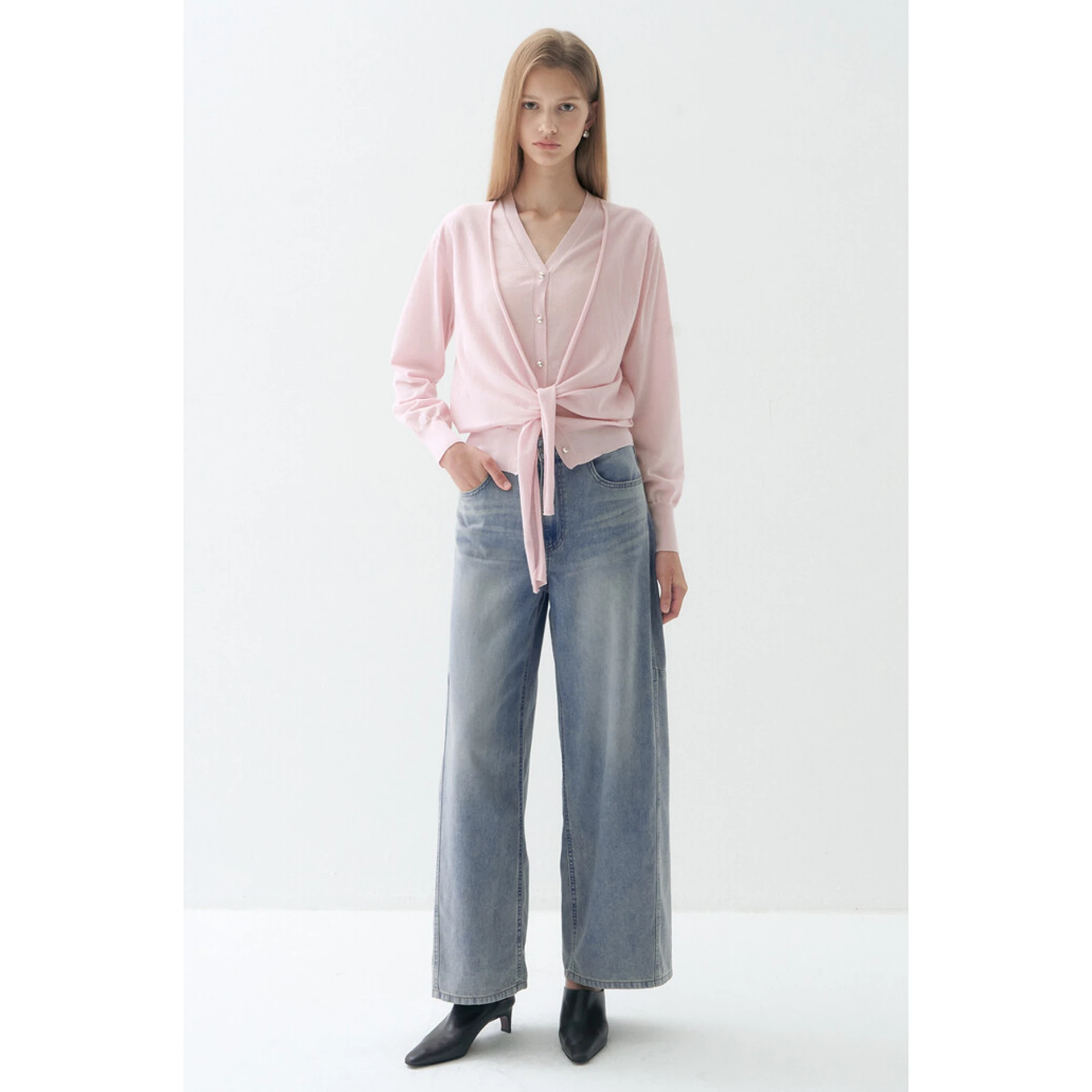 Leather Cheese LAN26 Autumn Casual Commute Slim High Waist Wide Leg Jeans Comfortable Cotton Blend mid Rise Trousers