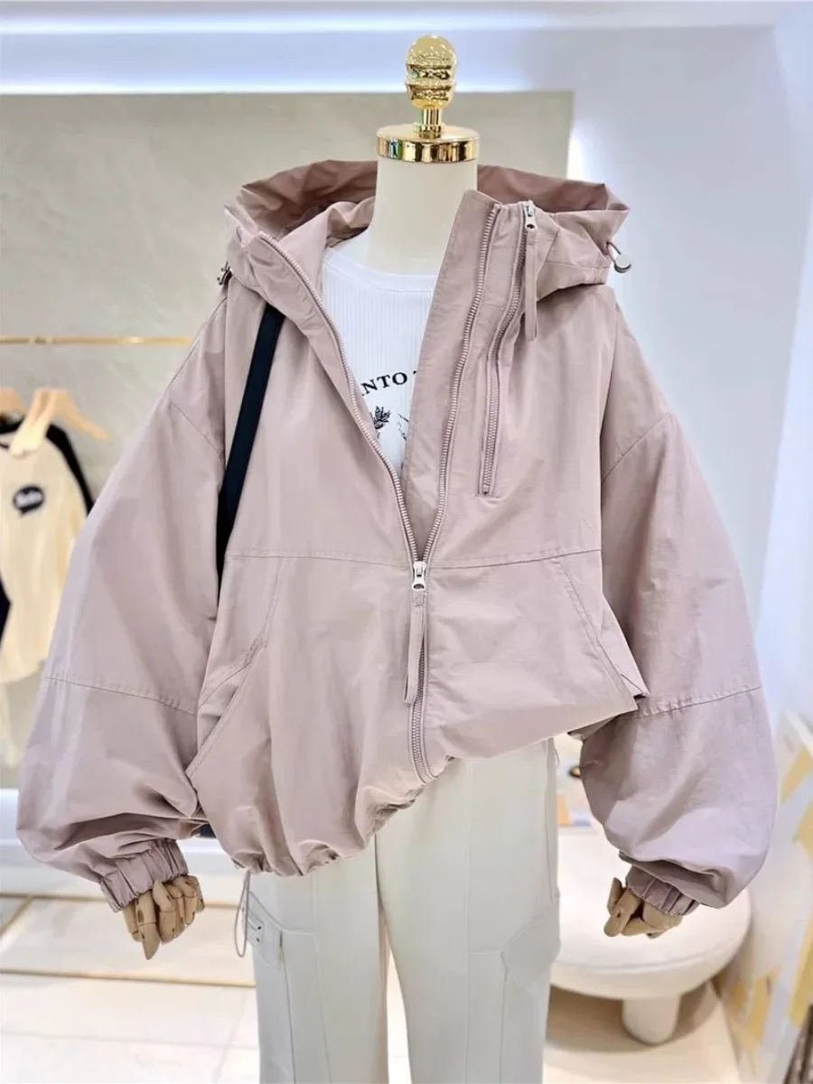 Korean Simple Zip Loose Hooded Coat Spring Classic Long Sleeve Big Pocket Windbreaker Lady Solid Color Drawstring Jacket