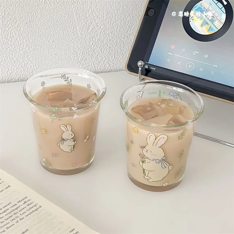 

Heat-resistant Glass Handle Milk Cup Rabbit Pattern Water Drink Bottle Transparent Kitchen Graduated Cup Breakfast Coffee Mug