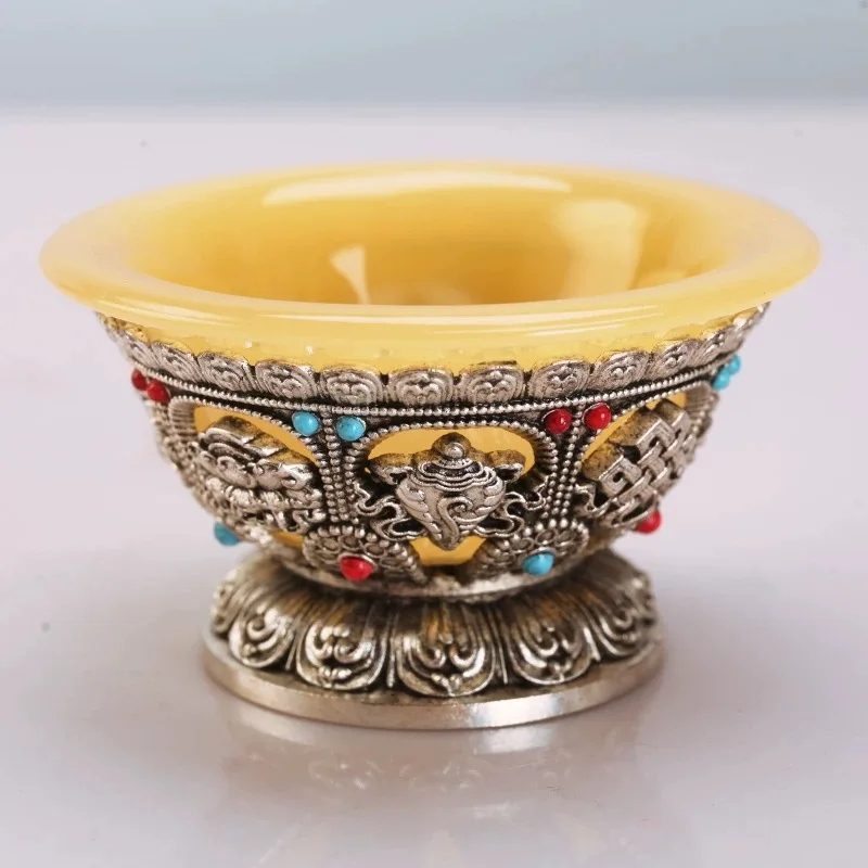 

Tibetan Bowl,Holy Water Cup, Alloy Inlaid Gem Eight Auspicious Religious Worship Stone Bowl, Altars Desktop Decorative,9 cm