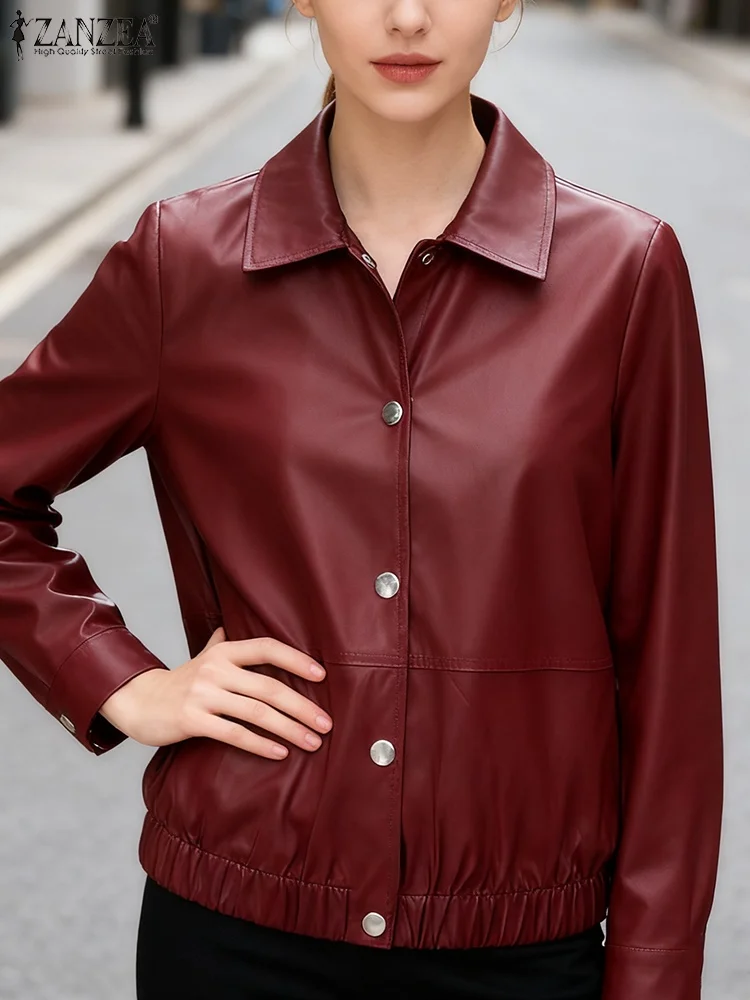 

ZANZEA 2021, стильные женские куртки, осенние пальто из искусственной кожи, пуховики с лацканами и пуговицами, зимняя облегающая верхняя одежда с длинными рукавами