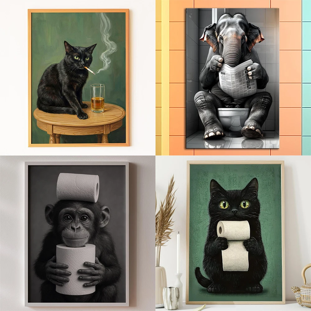 

Toilet Paper Cat Print Poster Mischievous Black Cat Bathroom Art Prints Funny Cat Wall Decor Bathroom Toilet Decor Canvas Print