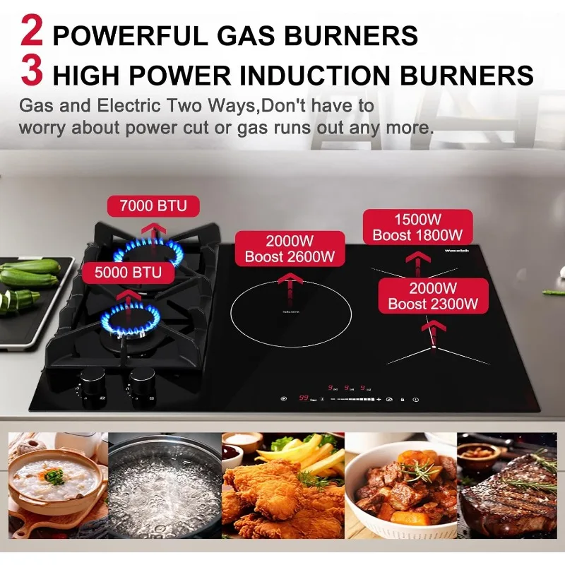 30 Inch Gas Cooktop Mix Induction Cooktop Built-in Gas and Induction Combo 5 Burners Hybird 12000BTU Boost 6700W