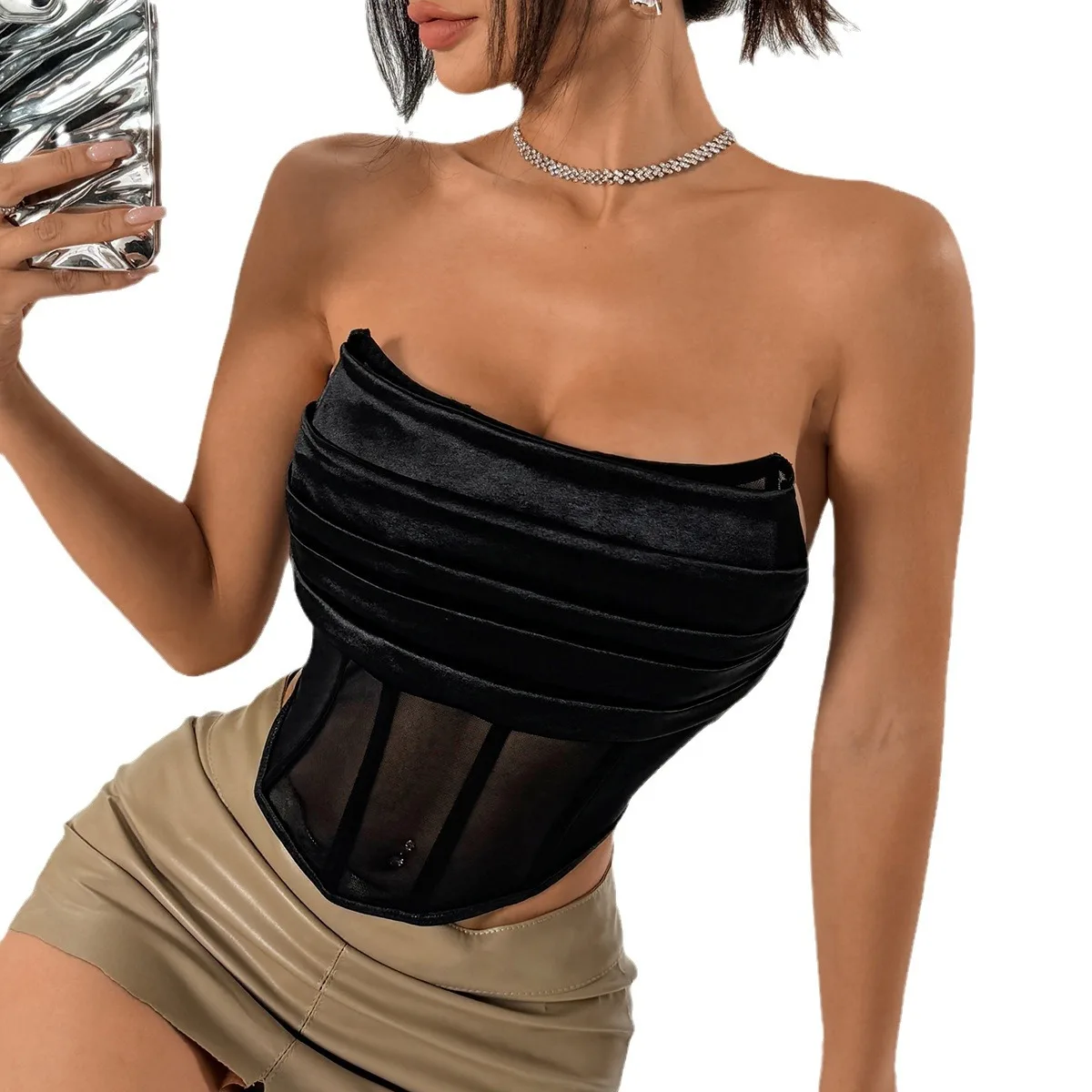 Corpiño de malla transparente para mujer, Tops de tubo ajustados con espalda abierta, corsé deshuesado, Top corto, camisola de moda para fiesta, ropa de discoteca, Jersey moldeador de cuerpo