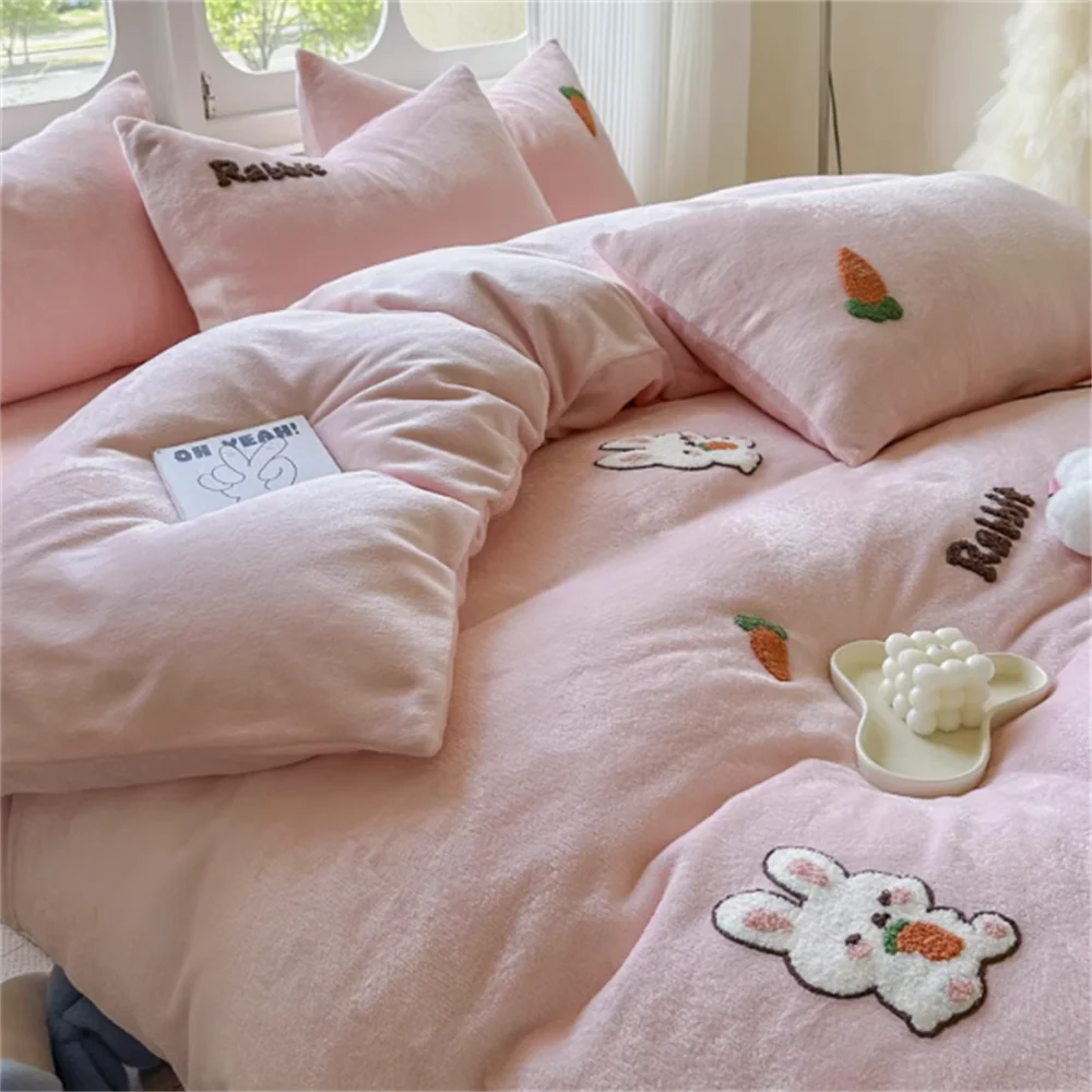 Winter Thickened Milk Fleece Bed 4-Piece Set With Double-Sided Fleece Duvet Set Single Sheet Three Maiden Heart Bedding Set