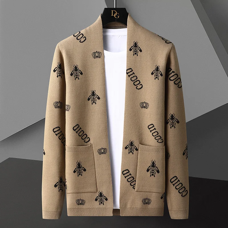 

New Fall Winter Designer Bee Embroidery Men Cardigan Knit Slim Fit Wool Mens Sweaters High Quality Soft Warm Male Cardigans Coat