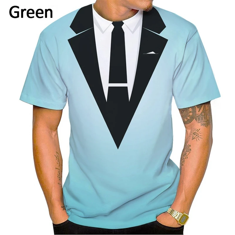 Men Casual Tuxedo Bow Tie Shirt Tops Fashion Summer Suit 3D Printed T-shirt Short-sleeved Street Funny Fake Suit Tops T Shirt
