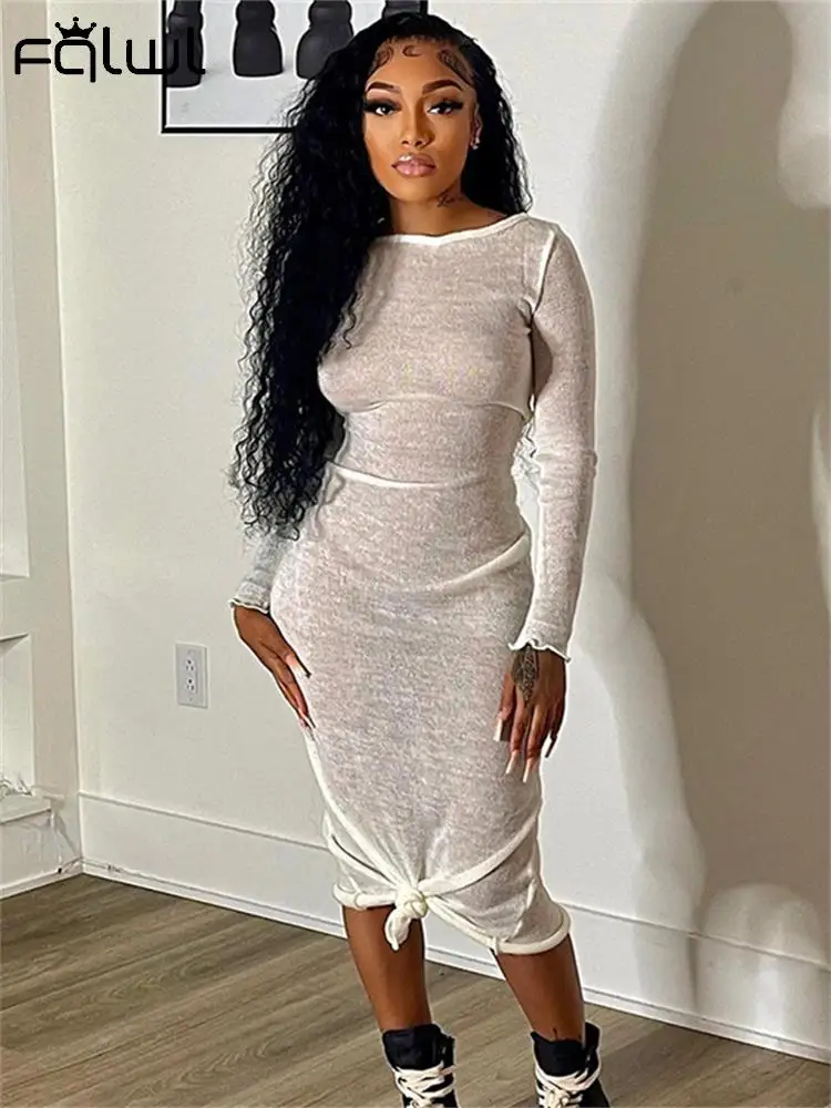 

Habbris Fall Winter White Long Sleeve Maxi Dress Casual Party Clothing For Women 2023 Sexy See Through Long Dress Bodycon Dress