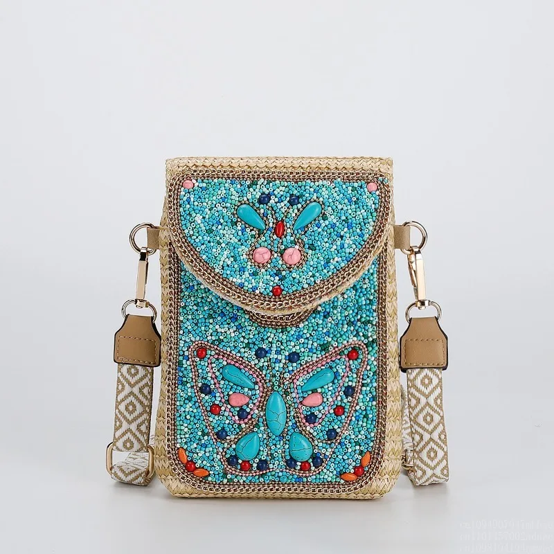 

Premium straw messenger bag 2025 new fashion rice bead bag European and American woven women's shoulder mobile phone bag