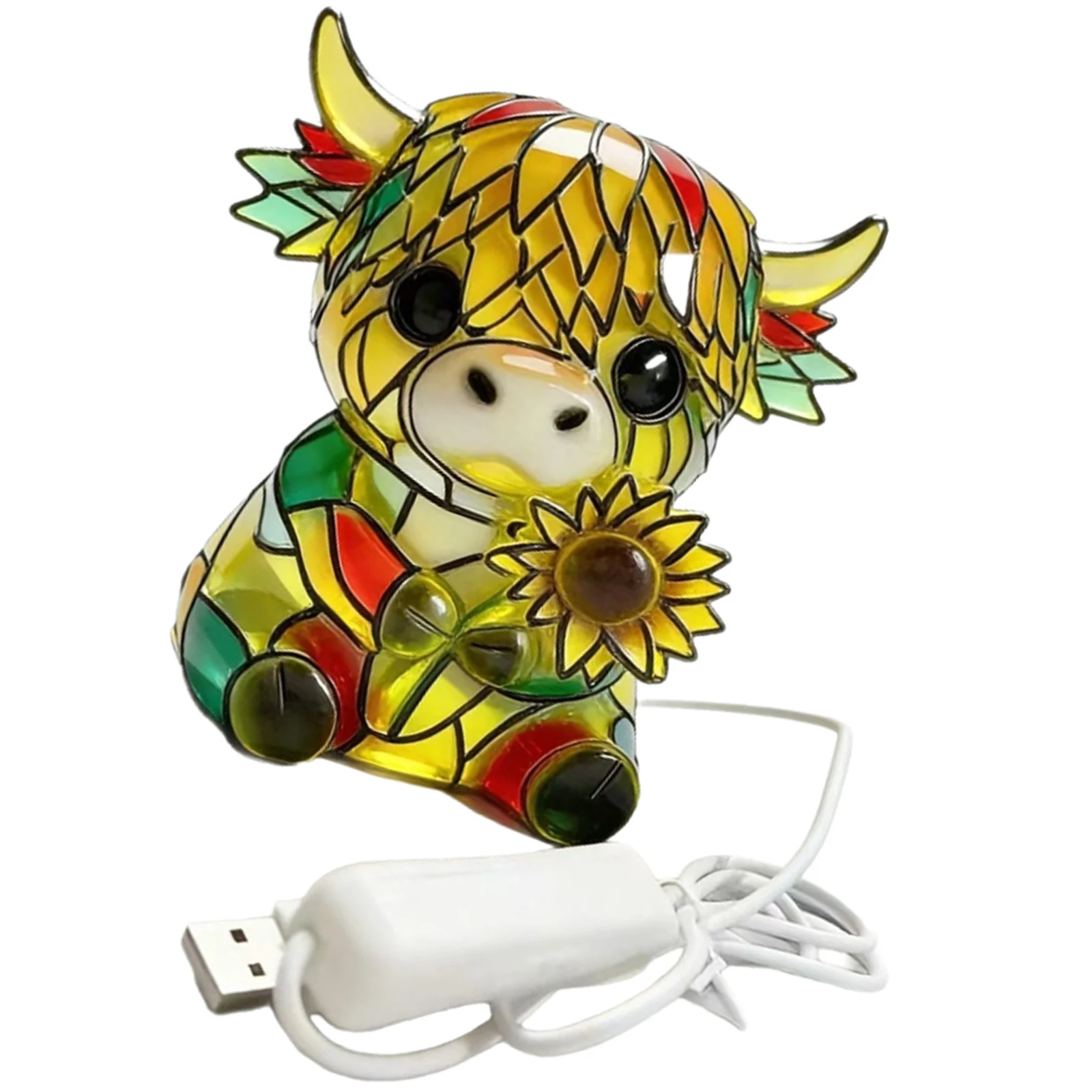 

Resin Sunflower Highland Cow LED Night Light with USB Ports Cute Bedside Lamp for Home Office Bedroom Living Room Desk Decor