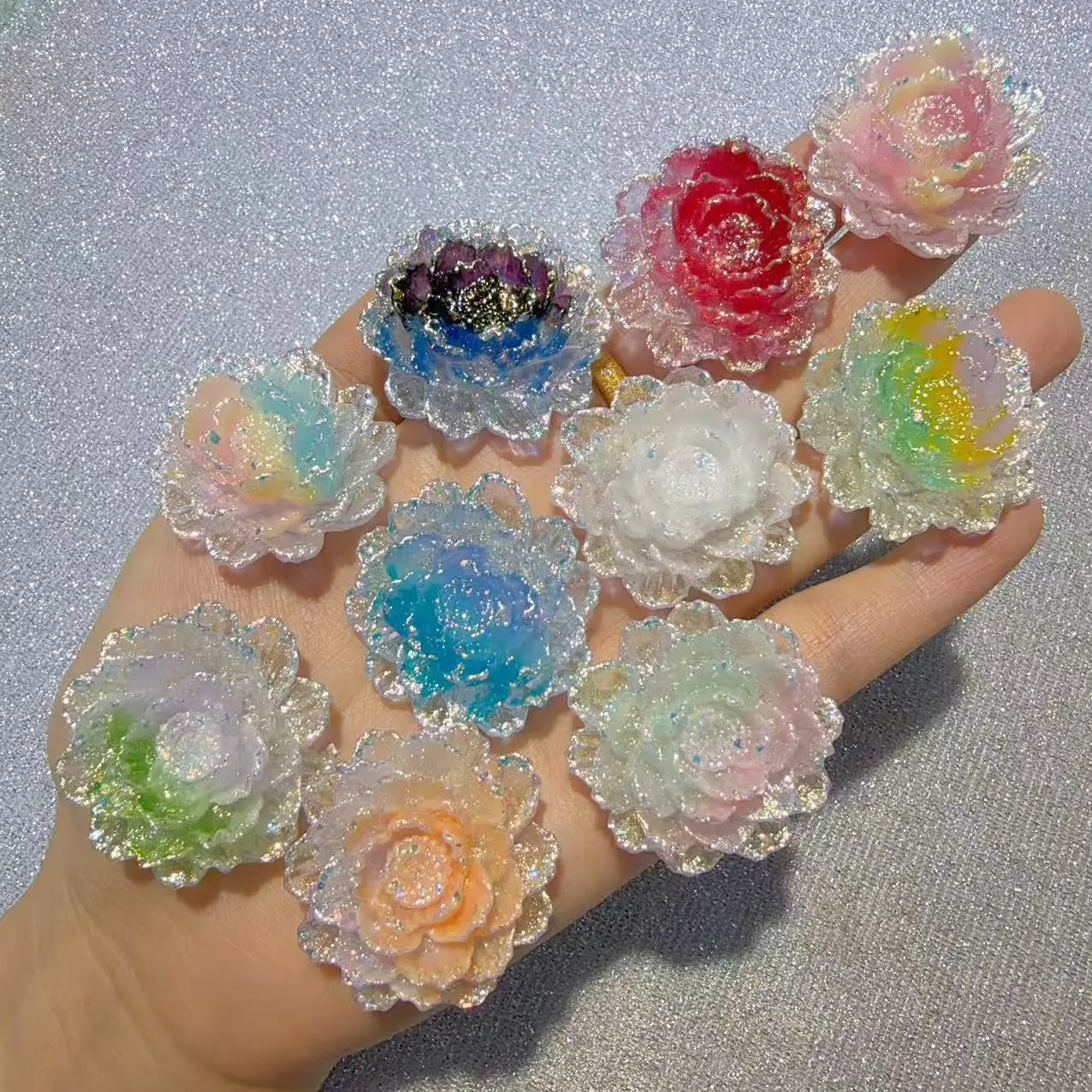 50PCS Sparkling Gradient Snow Lotus Resin 37mm Handmade DIY Jewelry Phone Case Mirror Hair Accessories Materials