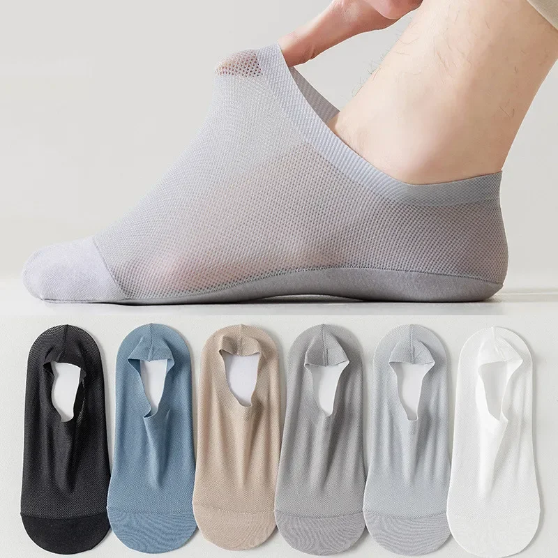 Verão masculino invisível sem mostrar meias de silicone antiderrapante baixo corte meias masculino oco para fora malha respirável gelo seda meias chinelos
