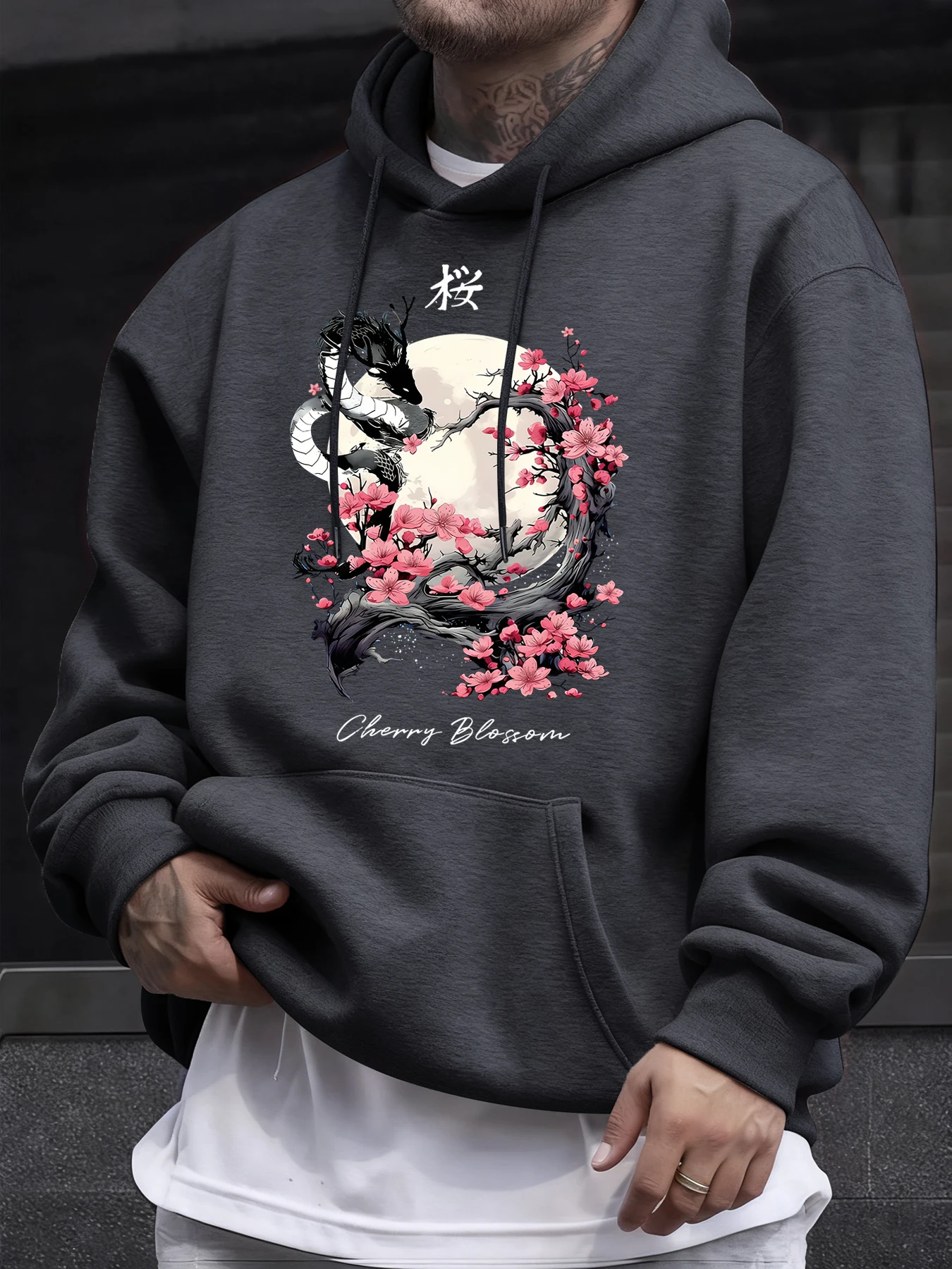 

Мужская молодежная одежда с принтами вишневых цветов, луны и драконов, универсальная базовая толстовка с капюшоном, флисовая повседневная кофта, уличный хип-хоп топ с длинными рукавами