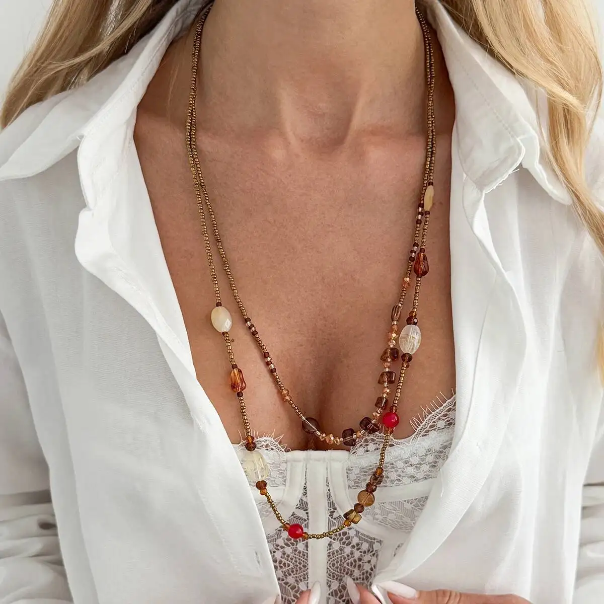 SHIXIN Bohemian Vintage Irregular Crystal Resin Necklace Women Charm Handmade Beaded DoubleLayer Long Sweater Chain Jewelry Gift