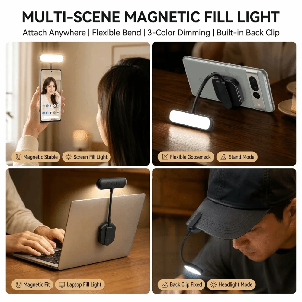 Flexible Gooseneck Clip-on Fill Light Soft Lighting Brighten Facial Features Portable Mini Reading Lamp Reduce Shadows