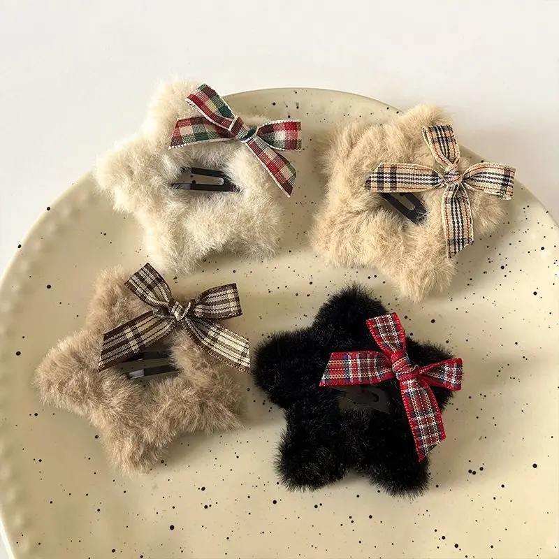 

Sweet Bow Plush Star Hairpin for Women Duckbill Clip Y2k Hair Accessory 2025 Autumn Winter Sweet Girl Front Hair Clip