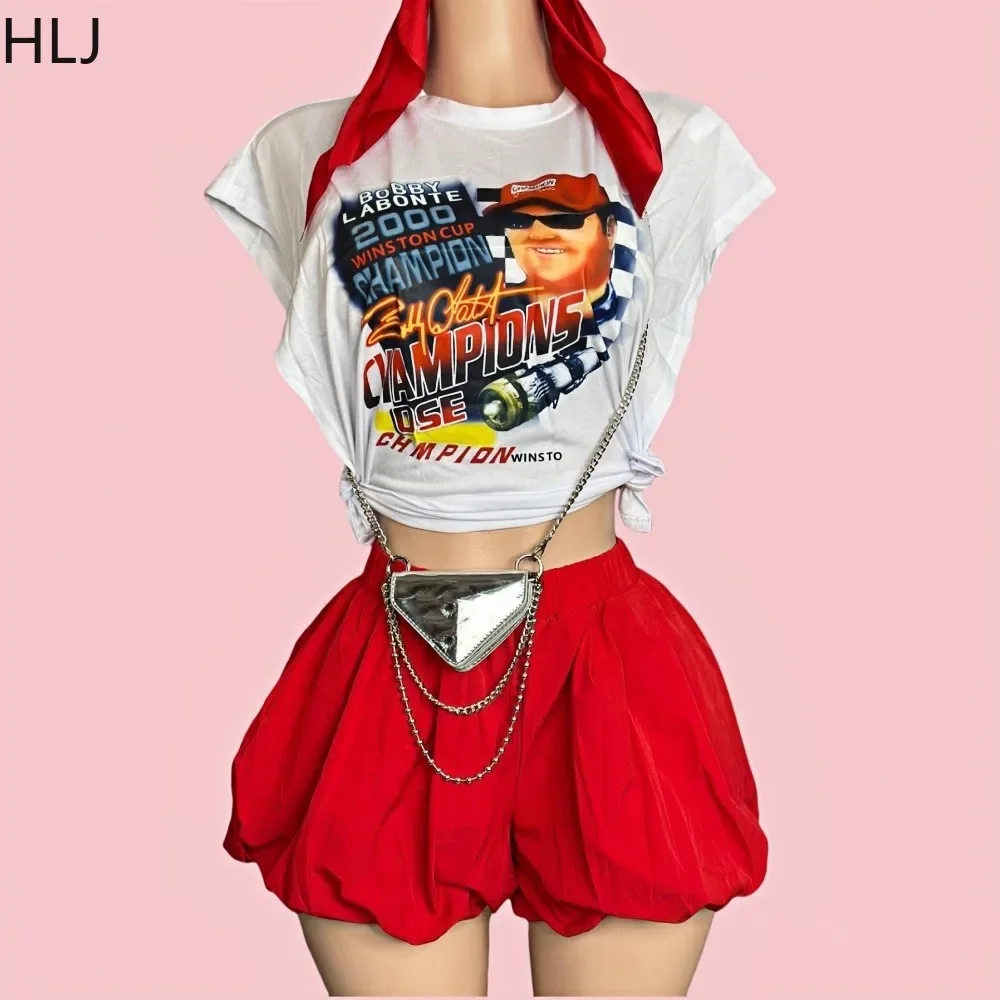 

HLJ&GG White Fashion Y2K Side Slit Top Streetwear Women Round Neck Sleeveless Tshirt + Puffy Shorts Two Piece Sets Outfits 2024