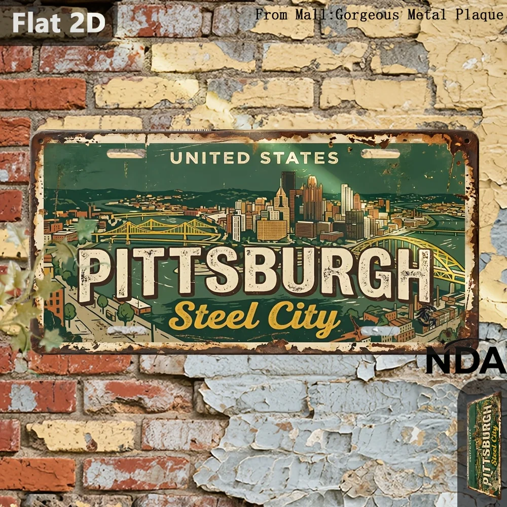 For Decorative Use Solely, 2D Flat-[2D Flat] 1pc, Vintage Metal Travel Sign, Pittsburgh Outdoor Plaques And Wall Art (30.48Cm
